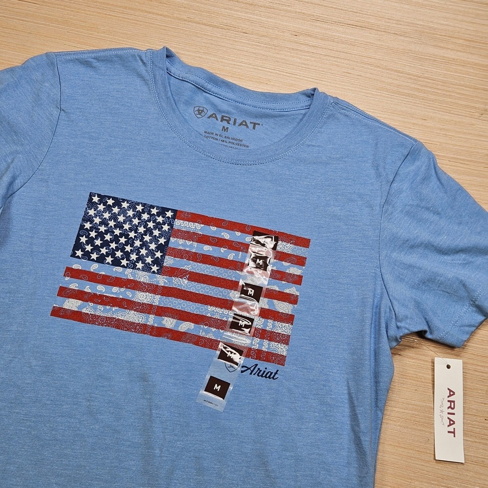 Ariat Paisley Flag SS T-Shrt Women M Lt Blue Heather Patriotic Western Tee NEW